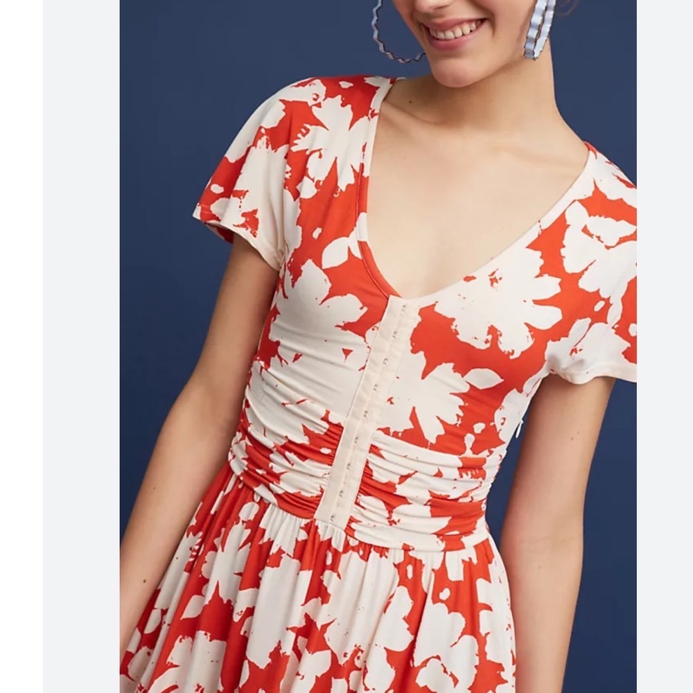Maeve Anthropologie Summer Breeze Dress Medium Red Floral Button Front Midi